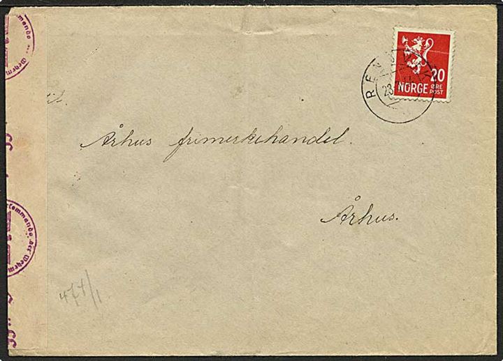20 øre Løve på brev fra Rensvik d. 23.3.1944 til Århus, Danmark. Åbnet af tysk censur i Oslo.
