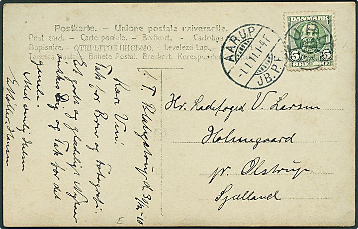 5 øre Fr. VIII på brevkort (Gruppe gymnaster) annulleret med stjernestempel TURUP og sidestemplet Aarup d. 1.1.1911 til Olstrup.