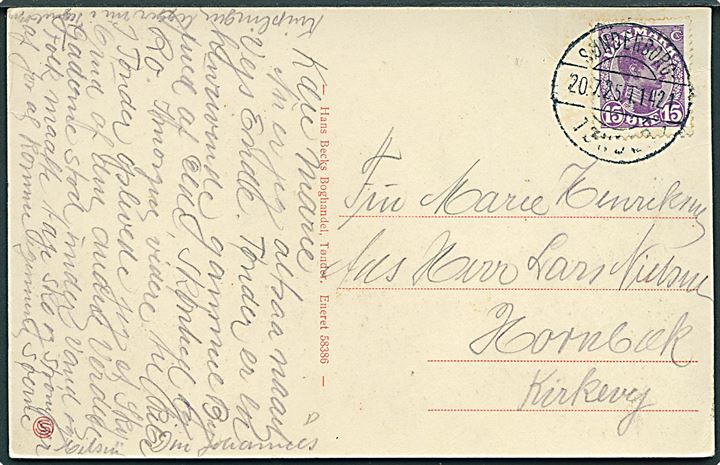 15 øre Chr. X på brevkort fra Tønder annulleret med bureaustempel Sønderborg - Tønder T.1421 d. 20.7.1925 til Hornbæk.