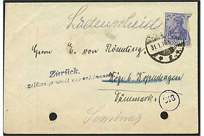20 pfg. Germania (skadet) på brev fra Lüdenscheid d. 31.1.1919 til Køge, Danmark. Returneret med censurstempel: Zurück Unzulässig weil verschlossen. Usædvanligt. 2 arkiv huller.