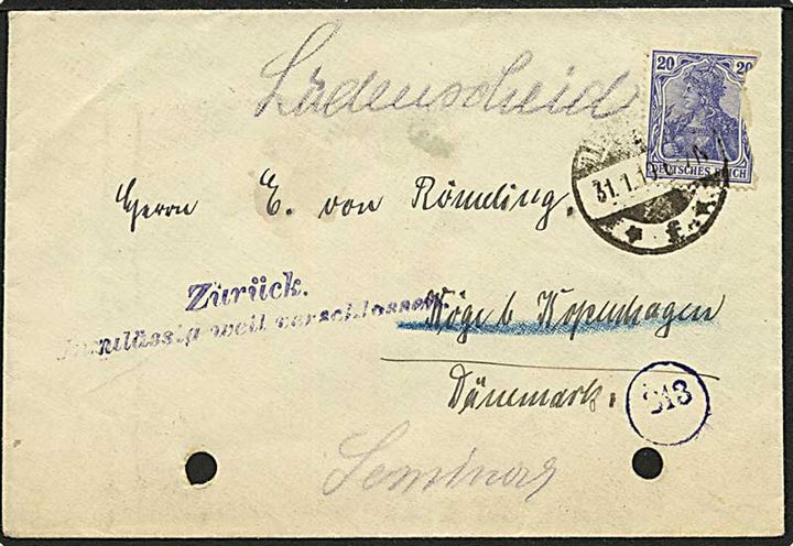 20 pfg. Germania (skadet) på brev fra Lüdenscheid d. 31.1.1919 til Køge, Danmark. Returneret med censurstempel: Zurück Unzulässig weil verschlossen. Usædvanligt. 2 arkiv huller.