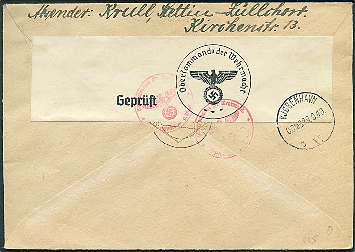 55 pfg. blandingsfrankeret anbefalet brev fra Stettin-Züllchow d. 25.9.1940 til København, Danmark. Åbnet af tysk censur i Berlin.