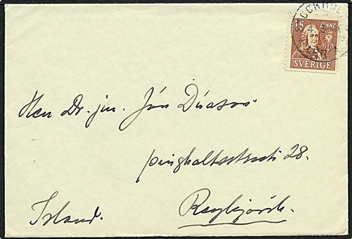 15 öre Linné single på brev med indhold fra Stockholm d. 4.3.1940 til Reykjavik, Island. Ikke censureret.