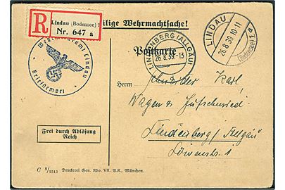 Ufrankeret Wehrmachtsache sendt anbefalet fra Lindau d. 26.8.1939 til Lindenberg (Allgäu).