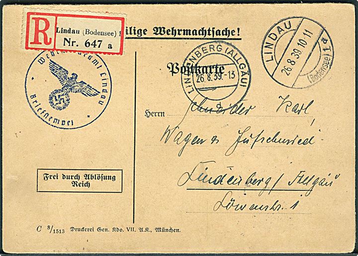 Ufrankeret Wehrmachtsache sendt anbefalet fra Lindau d. 26.8.1939 til Lindenberg (Allgäu).