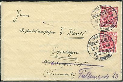 10 pfg. Germania (2) på brev stemplet Truppen-Übungsplatz Heuberg (Bz. Konstanz) d. 27.9.1913 til København, Danmark - eftersendt. Fuldt indhold.