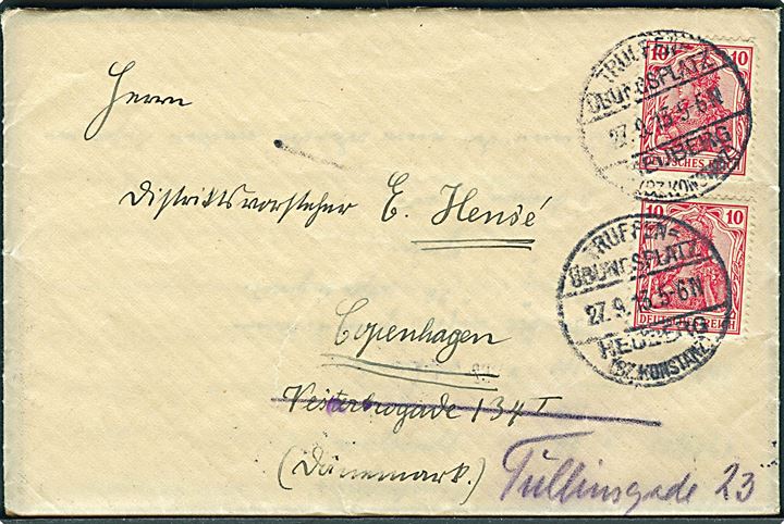 10 pfg. Germania (2) på brev stemplet Truppen-Übungsplatz Heuberg (Bz. Konstanz) d. 27.9.1913 til København, Danmark - eftersendt. Fuldt indhold.