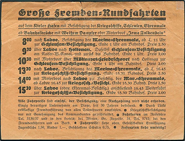Grosse Fremden-Rundfahrten. Reklame med kort over Kieler-Reichkriegshafen.
