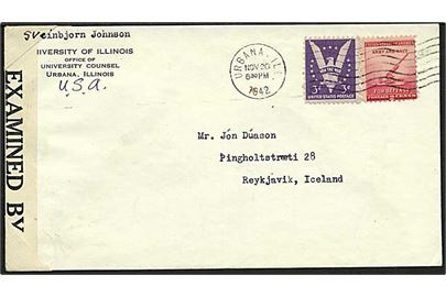2 c. og 3 c. Defence udg. på brev fra Urbana Ill. d. 20.11.1942 til Reykjavik, Island. Åbnet af amerikansk censur nr. 8454.