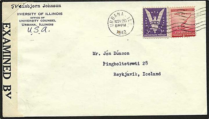 2 c. og 3 c. Defence udg. på brev fra Urbana Ill. d. 20.11.1942 til Reykjavik, Island. Åbnet af amerikansk censur nr. 8454.