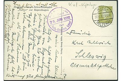 6 pfg. Ebert på brevkort (Hapag-Tubinen-Schnelldampfer Kaiser ved København) stemplet Kiel-Holtenau d. 27.6.1932 og sidestemplet Auf hoher See Bord des Turb.-Dampfer Kaiser d. 26.6.1937 til Schleswig. 