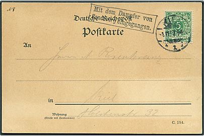 5 pfg. Ciffer på brevkort stemplet Kiel d. 1.11.1897 og sidestemplet Mit dem Dampfer von Rendsburg eingegangen. til Kiel. Skjold og uden meddelelse på bagsiden.