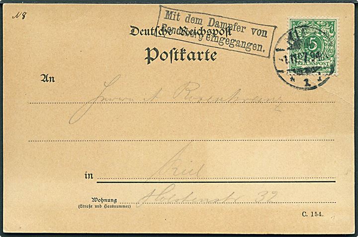 5 pfg. Ciffer på brevkort stemplet Kiel d. 1.11.1897 og sidestemplet Mit dem Dampfer von Rendsburg eingegangen. til Kiel. Skjold og uden meddelelse på bagsiden.