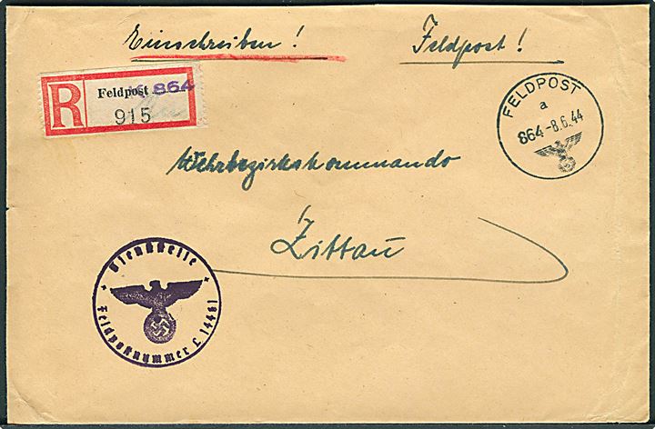 Ufrankeret anbefalet feltpostbrev stemplet Feldpost 864 d. 8.6.1944 til Zittau, Tyskland. Briefstempel fra Feldpostnummer L 14461 = 3. Batterie leichte Flak-Abteilung 81 (Sf).