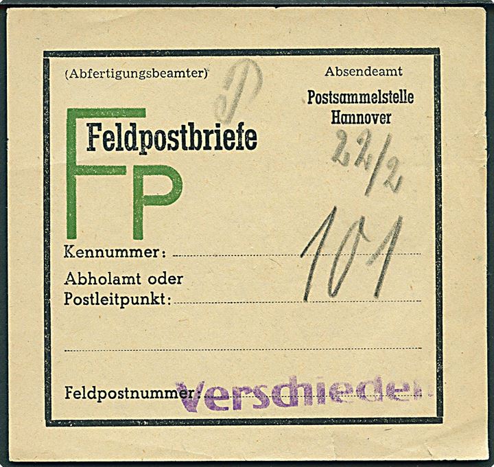 Feltpost-brevbundt seddel fra Postsammelstelle Hannover.