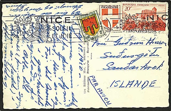23 fr. blandingsfrankeret brevkort fra Nice 1950 til Sandaskrok, Island