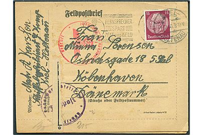 15 pfg. Hindenburg på feldpost-foldebrev fra matros i Kiel-Holdenau d. 1.10.1940 til København, Danmark. Briefstempel og passérstemplet ved den tyske censur i Hamburg.