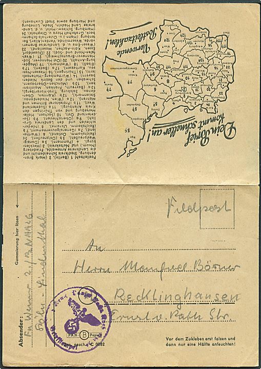 Fortrykt feldpost-foldebrev med Postleitzahl kort fra soldat ved 2./3 NAALG i Köln d. 23.9.1944 til Recklinghausen. Svagt briefstempel.
