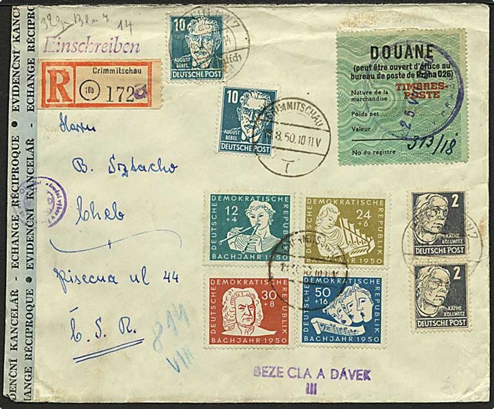 Komplet sæt 200 år for Bach's død, 2 pfg. Kollwitz og 10 pfg. Bebel på 1,40 mk. frankeret anbefalet brev fra Crimmitschau d. 18.8.1950 til Cheb, Tjekkoslovakiet. Åbnet af tjekkisk toldkontrol