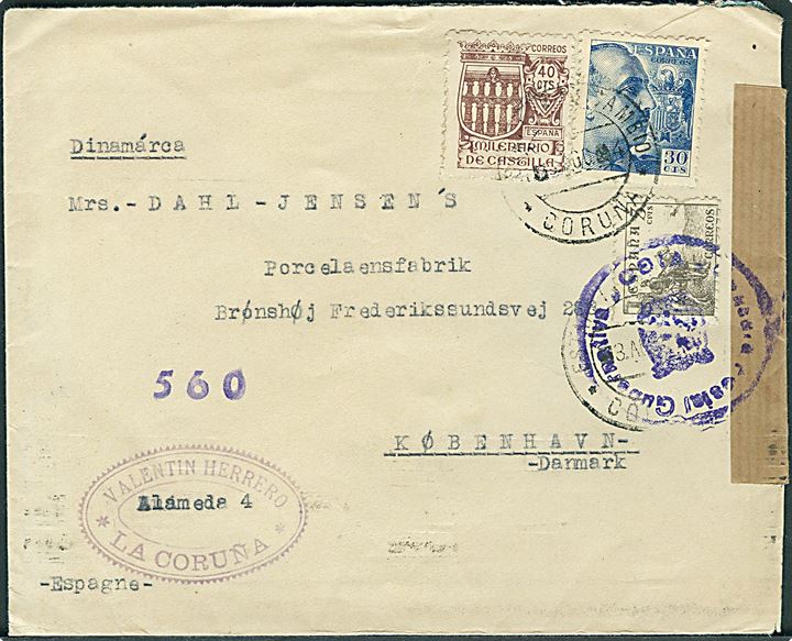 75 cts. blandingsfrankeret brev fra Coruna d. 3.8.1944 til København, Danmark. Åbnet af spansk censur i Vigo.