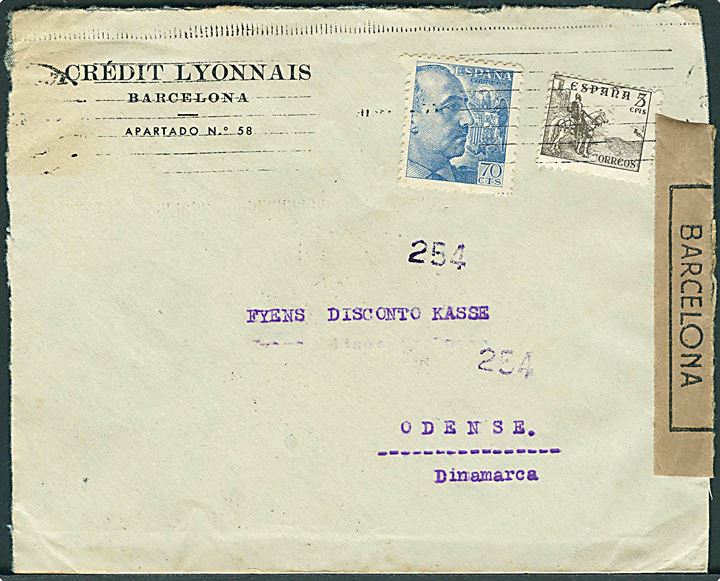 5 cts. Rytter og 70 cts. Franco på brev fra Barcelona d. 21.9.1945 til Odense, Danmark. Åbnet af spansk censur i Barcelona.