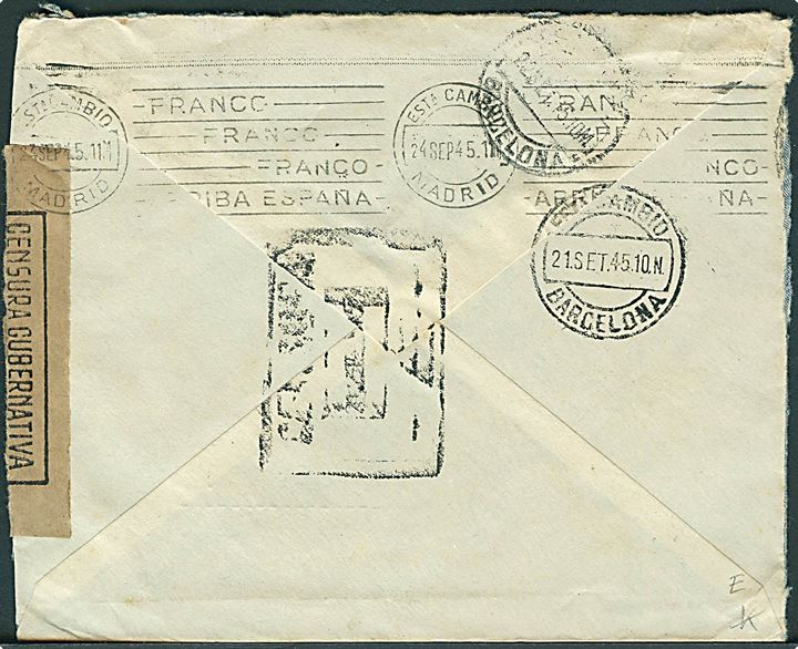 5 cts. Rytter og 70 cts. Franco på brev fra Barcelona d. 21.9.1945 til Odense, Danmark. Åbnet af spansk censur i Barcelona.