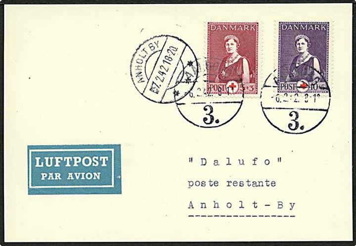 5+3 øre og 10+5 øre Røde Kors på is-luftpost brevkort fra Aalborg 3 d. 6.2.1942 til Anholt. Ank.stemplet Anholt By d. 7.2.1942. Befordret med tysk militærmaskine.