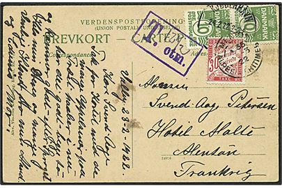 10 øre Bølgelinie i parstykke på underfrankeret brevkort fra Kjøbenhavn d. 24.2.1922 til Menton, Frankrig. Violet porto stempel T 12½ ctm. og 30 c. fransk portomærke stemplet Menton d. 1.3.1922.