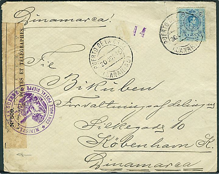 25 cts. Alfonso XIII på brev fra Puerto de la Cruz Canarias d. 30.10.1915 til København, Danmark. Åbnet af fransk censur i Dieppe.