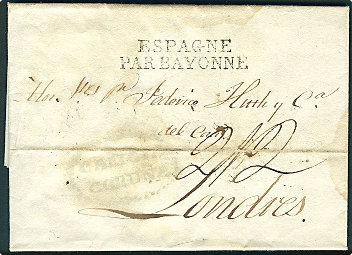 1827. Portobrev fra Coruna d. 28.4.1827 til London. Stemplet ESPAGNE PAR BAYONNE og ank.stemplet i London F.P.O. d. 17.5.1827.
