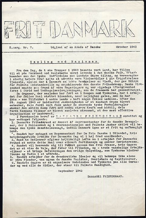 Frit Danmark. 2. årgang nr. 7 - oktober 1943. Illegalt blad på 8 sider (1 ark mangler).
