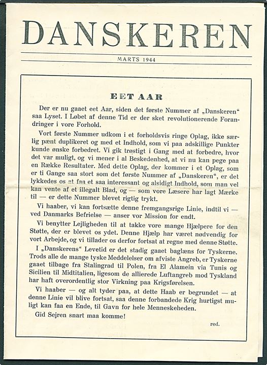 Danskeren, Marts 1944. Illegalt blad på 8 sider. Muligvis trykt i Sverige.