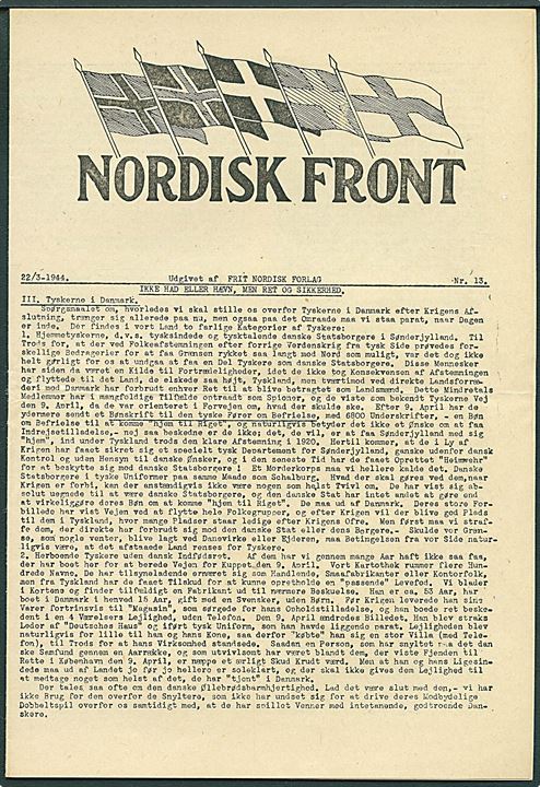 Nordisk Front, Nr. 13 d. 22.3.1944. Illegalt blad på 4 sider. 