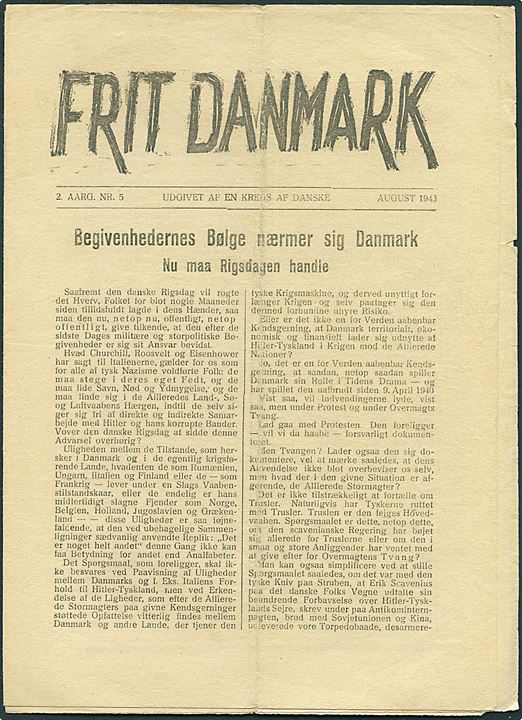Frit Danmark, 2. årgang nr. 5 - August 1943. Illegalt blad på 8 sider trykt i Odense.