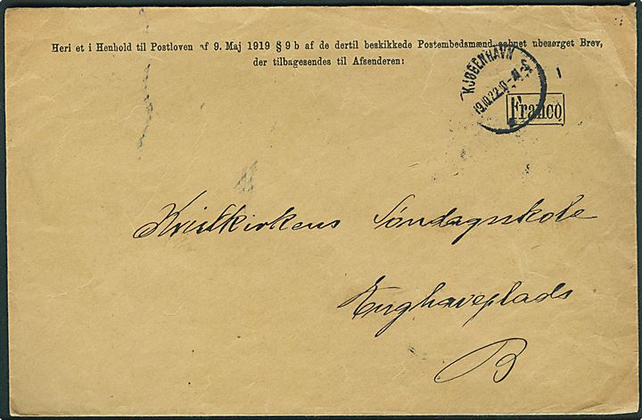 Returkuvert til ubesørgelige forsendelser stemplet Kjøbenhavn d. 19.10.1922 .