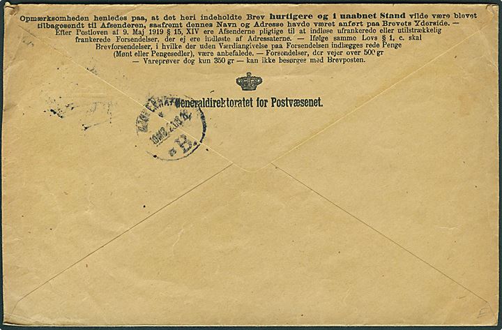 Returkuvert til ubesørgelige forsendelser stemplet Kjøbenhavn d. 19.10.1922 .