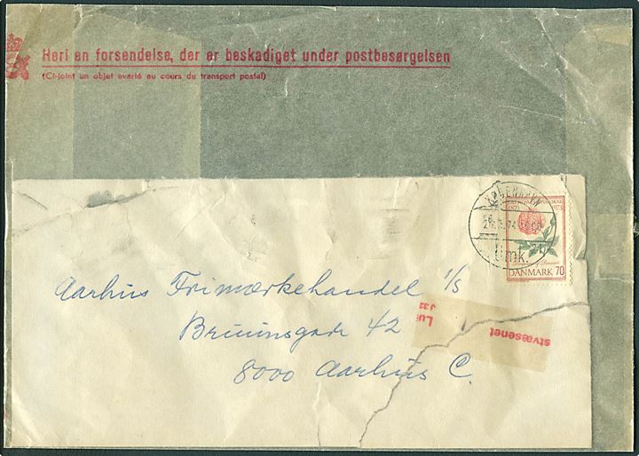 70 øre Jydske Haveselskab på brev fra København d. 26.3.1974 til Århus. Revet og ilagt pergamynkuvert til forsendelser som er blevet beskadiget under postbefordringen.