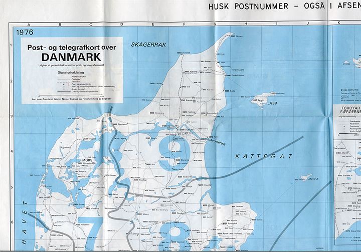 Post- og telegrafkort over Danmark med postnumre. Udgivet 1975.