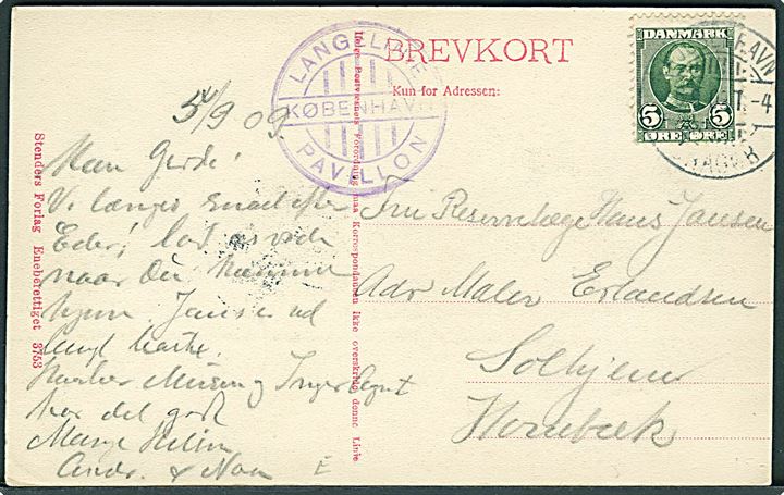 5 øre Fr. VIII på brevkort (Langelinie) annulleret med bureaustempel Kjøbenhavn - Dragør T.4 d. 5.9.1909 til Hornbæk.
