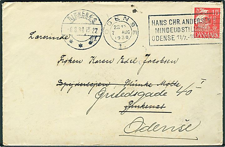 15 øre Karavel på brev annulleret med TMS Hans Chr. Andersen Mindeudstilling Odense 11/7.-15/8. 1930/Odense 1. d. 7.8.1930 til Spejderlejren Munke Mølle, Rinkenæs - eftersendt til Odense med brotype IIc Rinkenæs sn1 d. 8.8.1930.