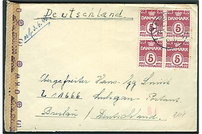 5 øre Bølgelinie (4) på brev fra København d. 23.4.1943 til soldat Hans Georg Schmidt ved Feldpost nr. L 11666 Lpga Breslau, Tyskland (= Stab gemischte Flak-Abteilung 236 (v) stationeret i Saporischschja, Ukraine). Åbnet af tysk censur i Hamburg.