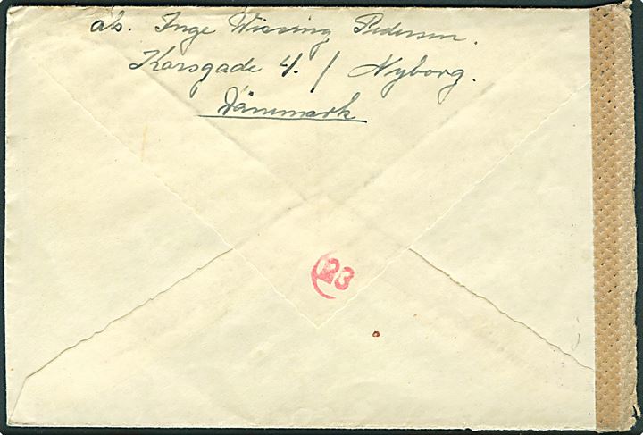 5 øre Bølgelinie (4) på brev fra København d. 23.4.1943 til soldat Hans Georg Schmidt ved Feldpost nr. L 11666 Lpga Breslau, Tyskland (= Stab gemischte Flak-Abteilung 236 (v) stationeret i Saporischschja, Ukraine). Åbnet af tysk censur i Hamburg.