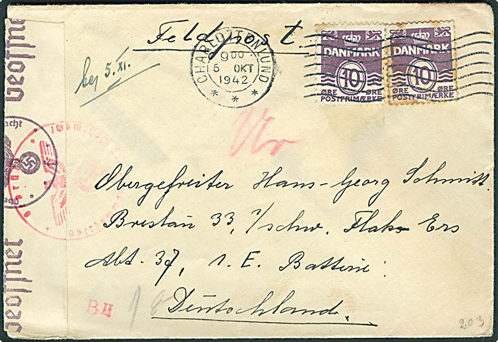 10 øre Bølgelinie (2) på frankeret feltpostbrev fra Charlottenlund d. 5.10.1942 til soldat Hans Georg Schmidt ved 1/Schw. Flak Ers. Abt. 27 i Breslau, Tyskland. Åbnet af tysk censur i Hamburg.