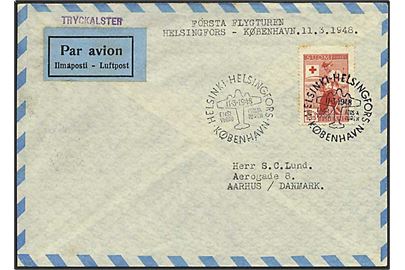 5+1,25 Mk. Røde Kors udg. på 1.-flyvningsbrev Helsingfors-København stemplet Helsingfors d. 11.3.1948 til Aarhus, Danmark