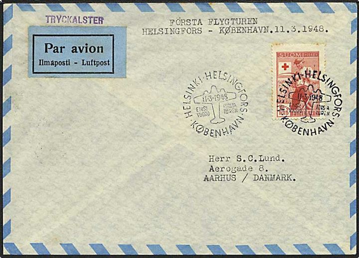5+1,25 Mk. Røde Kors udg. på 1.-flyvningsbrev Helsingfors-København stemplet Helsingfors d. 11.3.1948 til Aarhus, Danmark