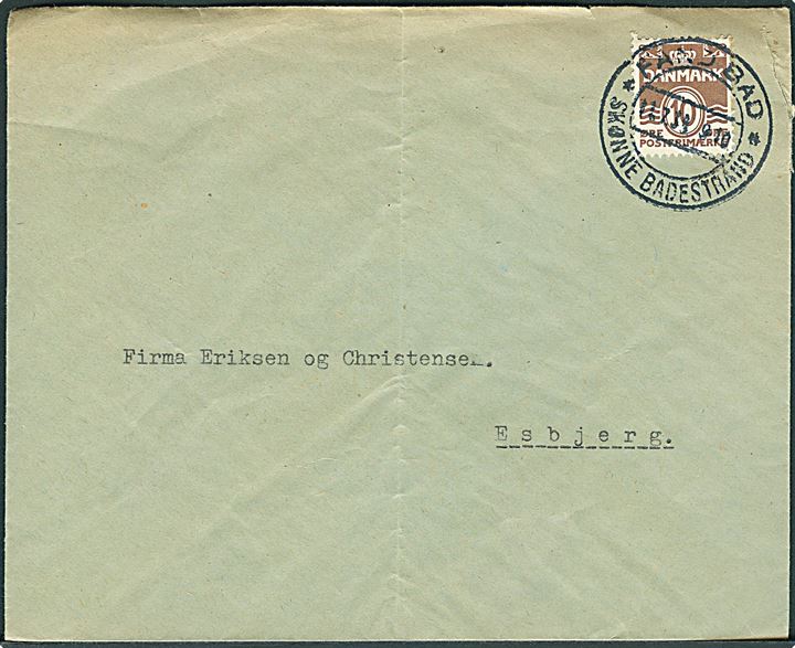 10 øre Bølgelinie på brev annulleret med særstempel Fanø Bad * Skønne Strande * d. 11.7.1938 til Esbjerg.