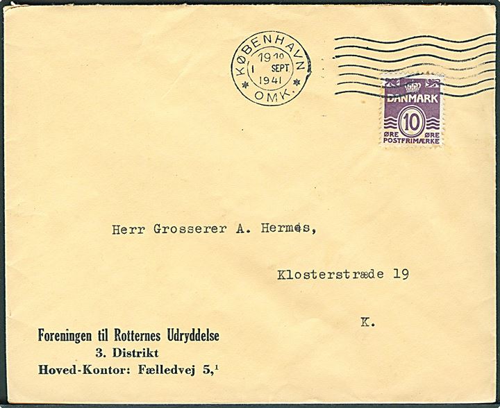 10 øre Bølgelinie på fortrykt kuvert fra Foreningen til Rotternes Udryddelse sendt lokalt i København d. 1.9.1941.