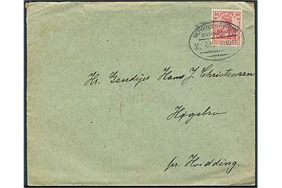 10 pfg. Germania på brev annulleret med bureaustempel Woyens - Arnum Bahnpost Z. 47 d. 20.10.1911 til Høgsbro pr. Hvidding.