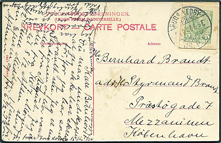 5 øre Chr. IX helsagsafklip anvendt som frankering på brevkort annulleret med brotype Ia Ruds Vedby JB.P.E. d. 2x.9.1907 til København.