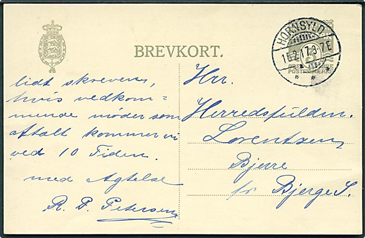 3 øre Bølgelinie helsagsbrevkort annulleret med brotype Ia Hornsyld d. 16.2.1917 til Bjerge St.